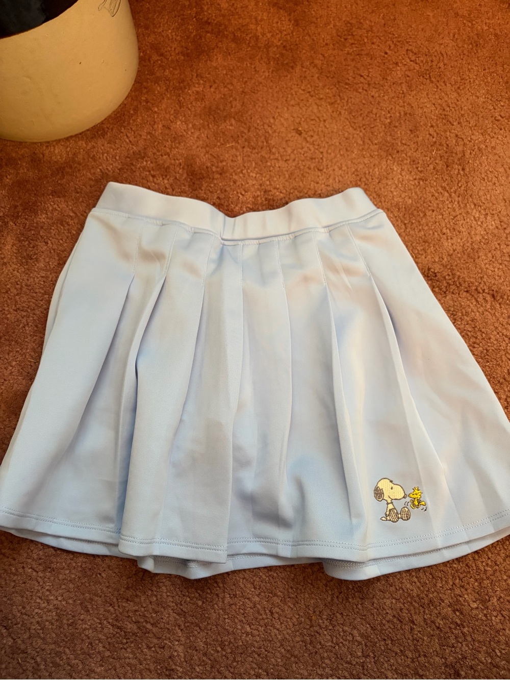 Light Blue Pleated Skirt with Snoopy Embroidery